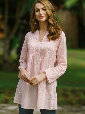 NOVICA Spring Dance Hand Embroidered Pink Cotton Tunic from India - XL